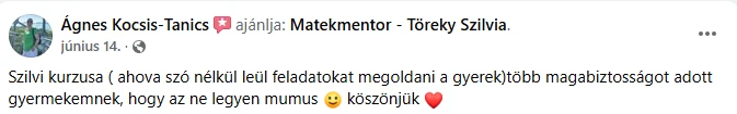 Kocsis-Tanics Ágnes Facebook-ajánlása a Matekmentorról